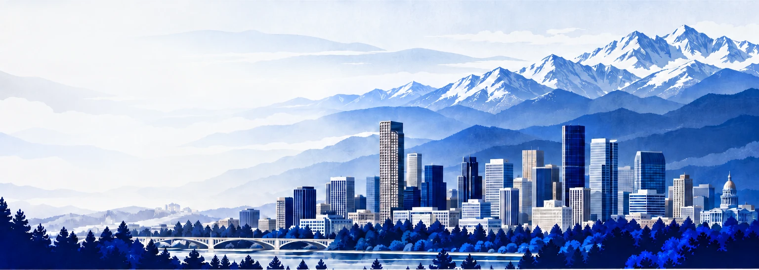 Blue and white illustration of the Denver skyline and Rocky Mountains