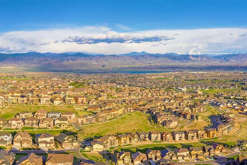 Highlands Ranch aerial view with Rockies