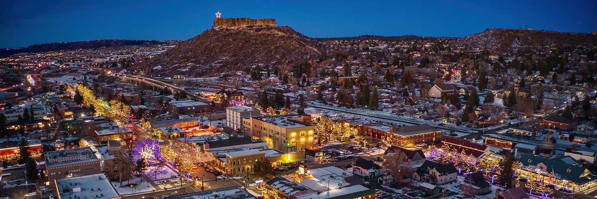 Castle Rock downtown aerial with Pikes Peak