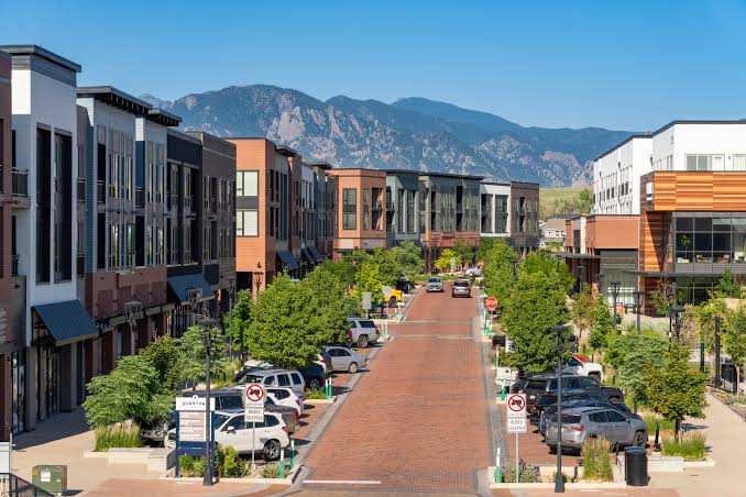 Superior Colorado mixed-use downtown with mountains