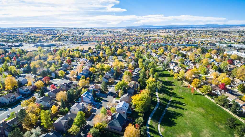 Broomfield neighborhood aerial autumn view